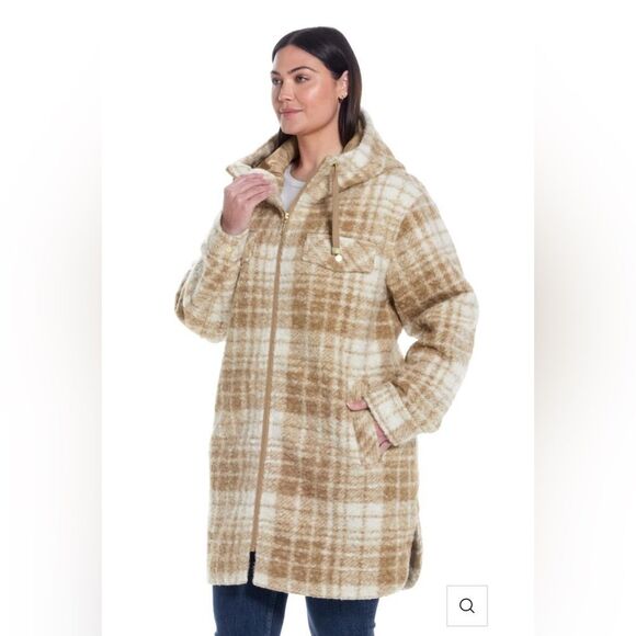POLY BOUCLE ZIP SHACKET XXL tan plaid NWOT - Picture 1 of 16